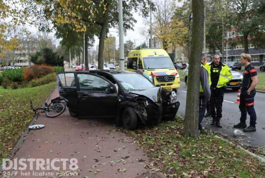 Auto knalt tegen boom en schept fietser Loevesteinlaan Den Haag