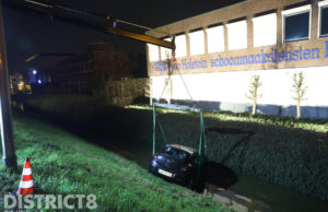Personenauto raakt van de weg en belandt in water Dorpskade Wateringen