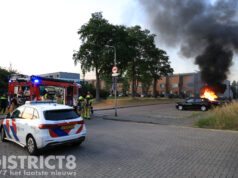 Geparkeerde auto zonder kentekenplaten en puincontainer in brand in Delftse Vrijheidsbuurt