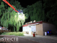 Brandweer zaagt loshangende tak weg boven vol café Erasmusweg Den Haag