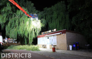 Brandweer zaagt loshangende tak weg boven vol café Erasmusweg Den Haag