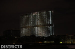 Lichtshow van European Patent Office door stroomstoring Treubstraat Rijswijk