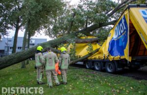Grote boom valt op vrachtwagens Spaarnestraat Rotterdam