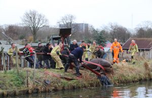 Brandweermannen en omstanders redden te water geraakt paard Rijner Wateringkade Den Haag