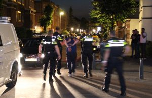 Agenten in kogelwerende vesten en hondengeleiders houden mannen aan Celsiusstraat Den Haag