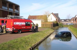 Auto rijdt achteruit de sloot in Bakkershof Wateringen